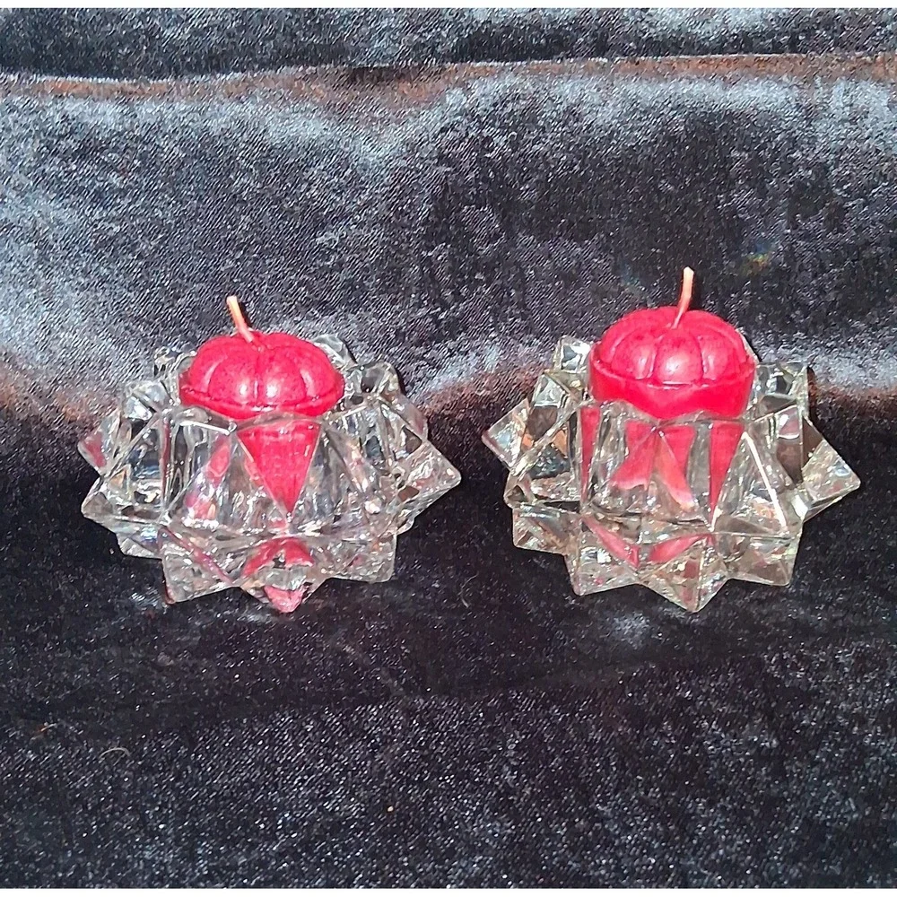 Set of 2 Crystal Starburst Tea Light Holders Vintage‎ Glass Votive Candlesticks